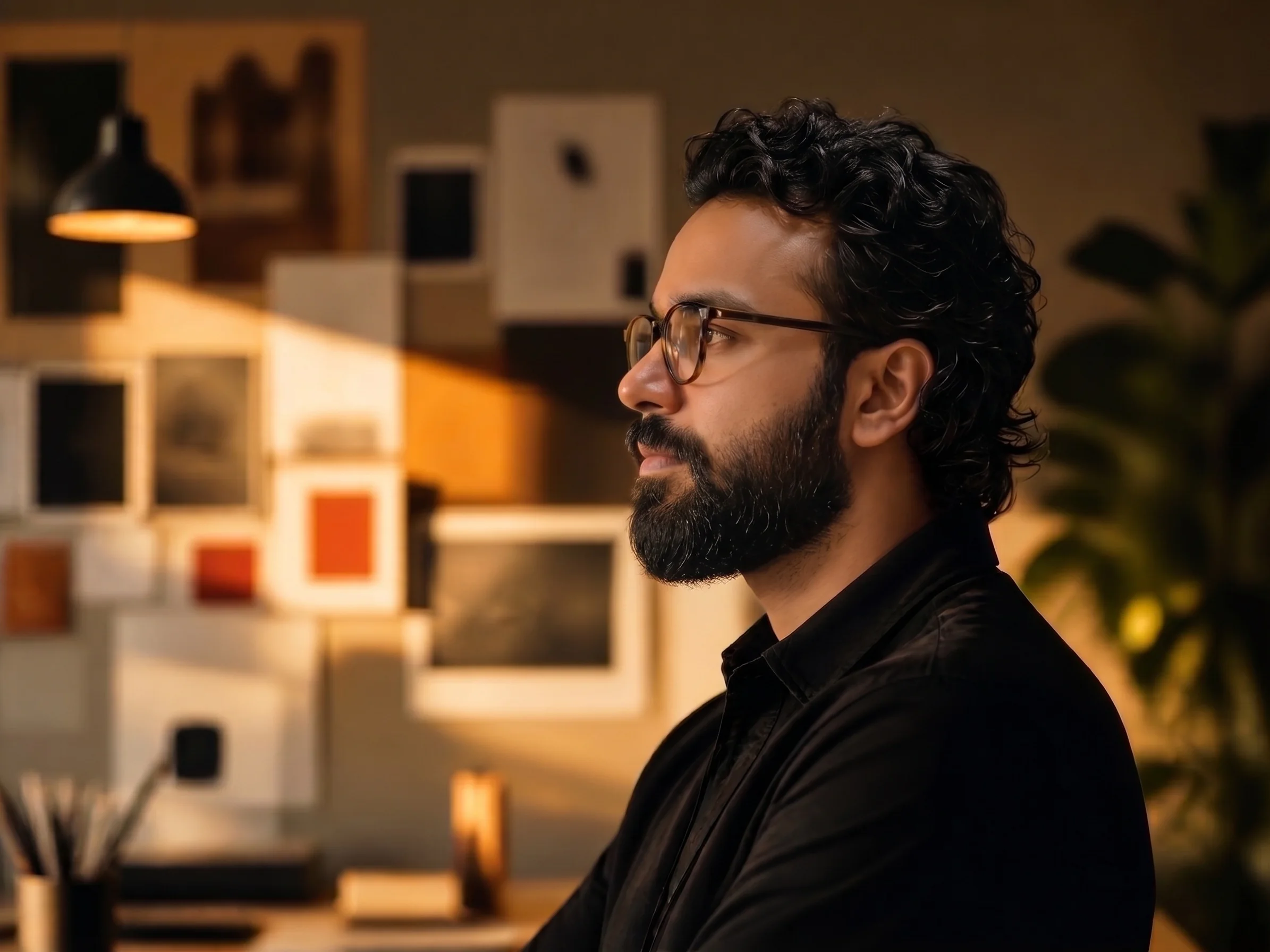 Sahan Tharaka Fernando in profile in a warm studio workspace