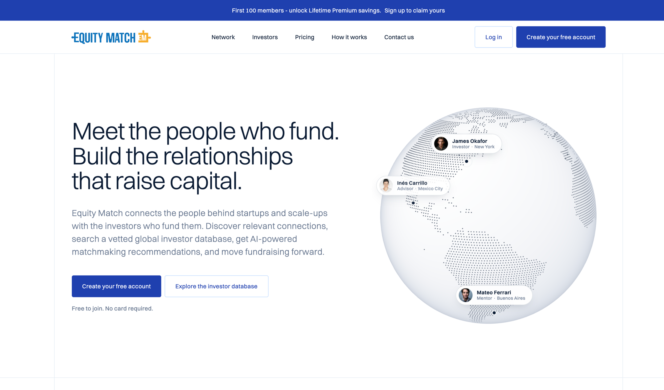 Redesigned EquityMatch landing page with a clearer funding message, global investor graphic, and focused blue calls to action