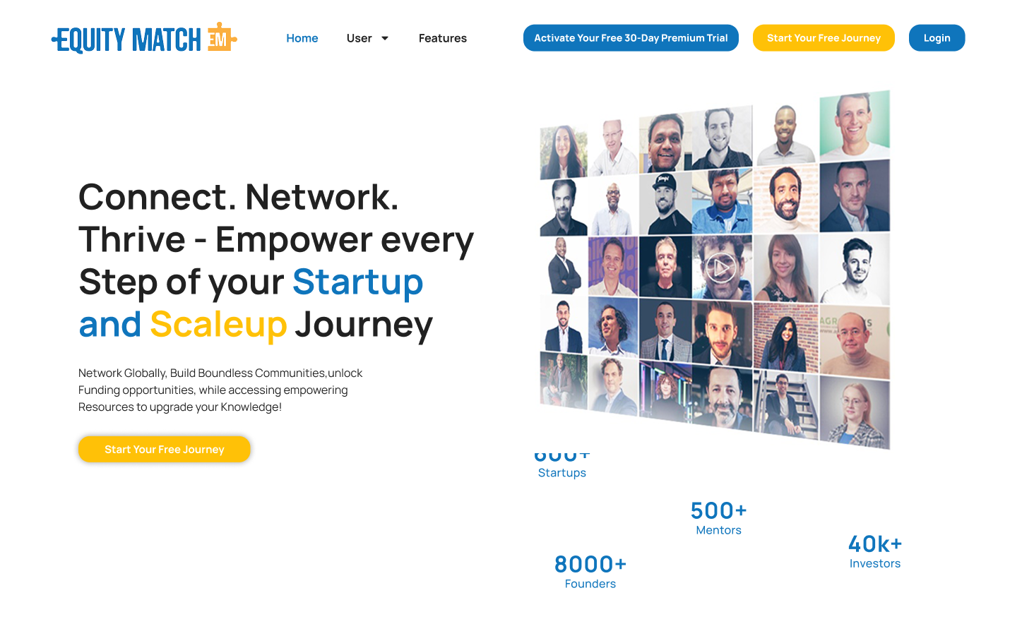 Original EquityMatch landing page with a startup-focused headline, portrait collage, and yellow calls to action