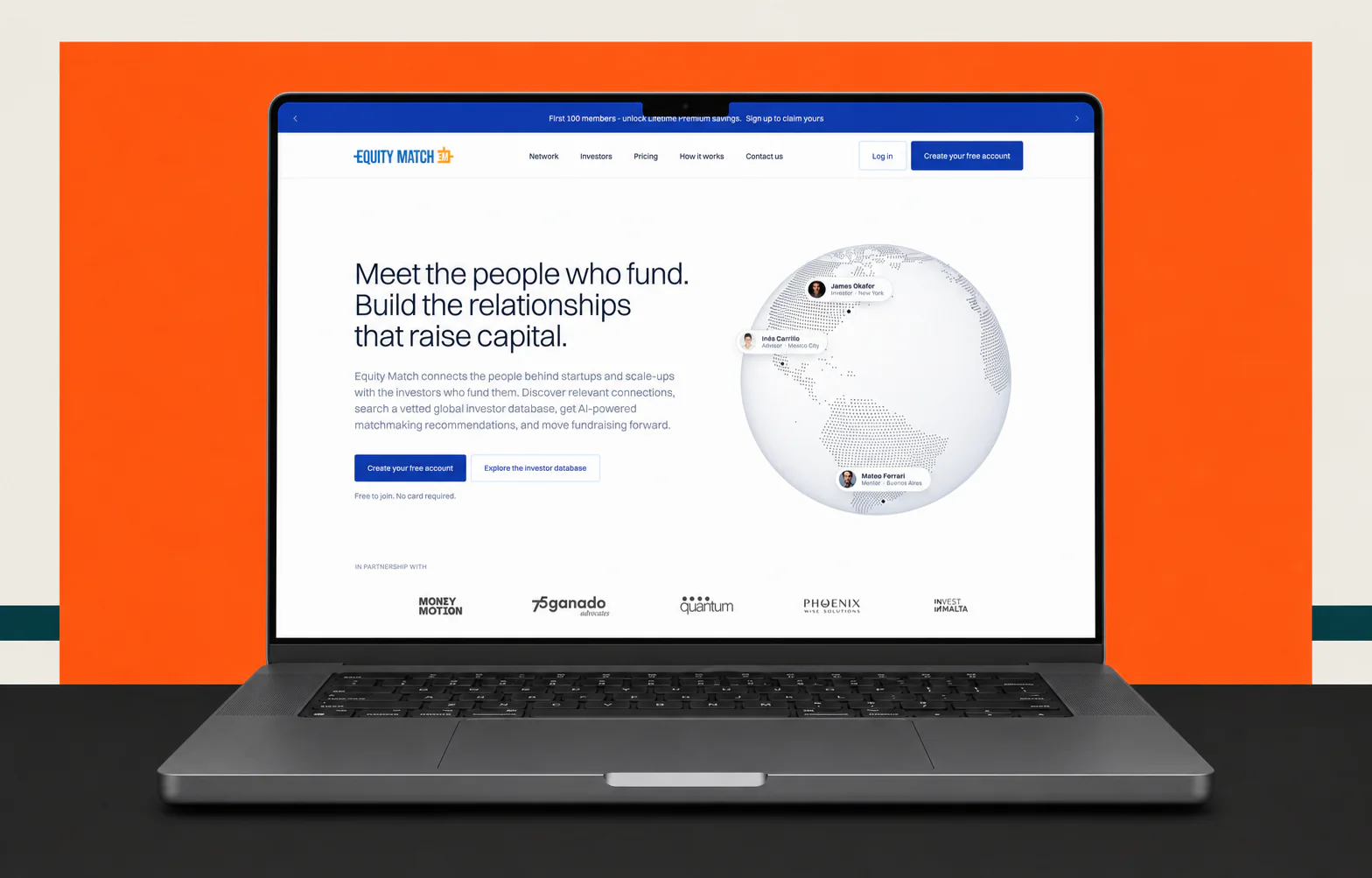 EquityMatch landing page displayed on a dark-metal laptop above a warm-paper and orange architectural stage