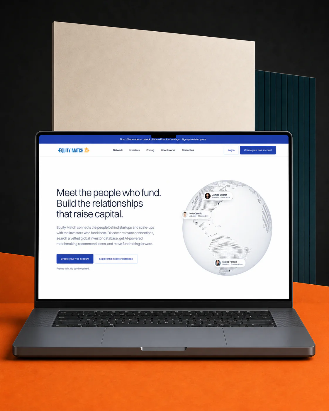 EquityMatch landing-page hero displayed on a dark-metal laptop in a charcoal, orange, paper, and teal studio composition
