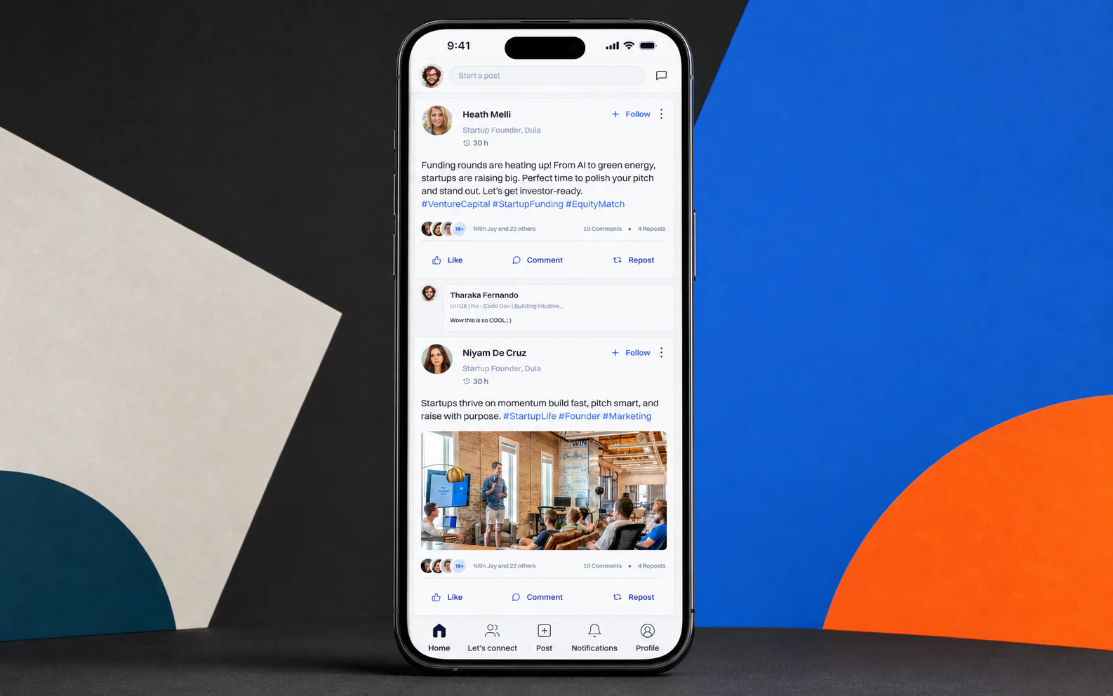 EquityMatch mobile feed shown clearly on a black iPhone against a charcoal, blue, orange, warm-paper, and teal studio background