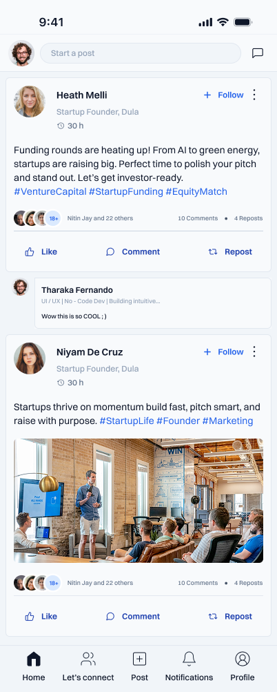 EquityMatch mobile feed with posts and bottom navigation