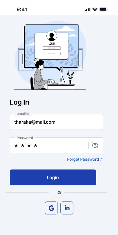 EquityMatch mobile login screen with email, password, and social sign-in options