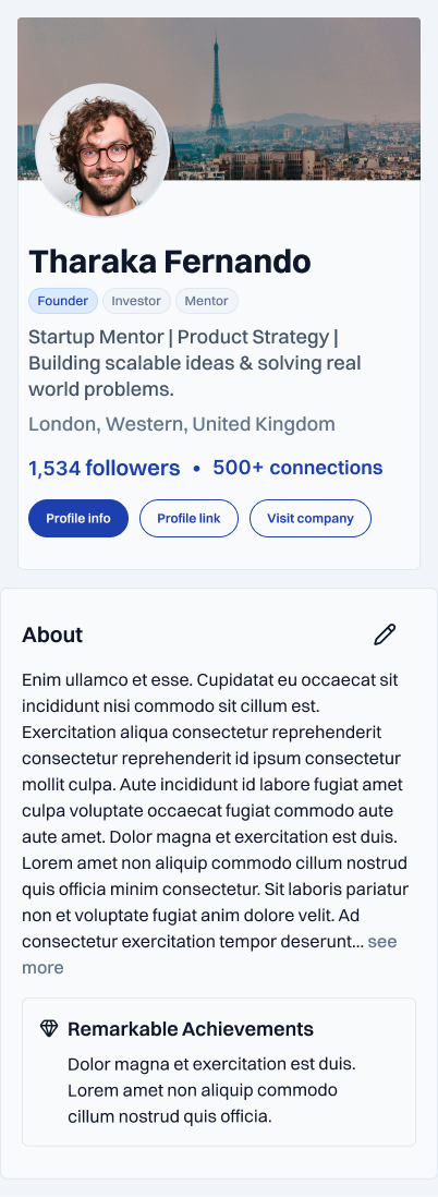 EquityMatch mobile user profile with professional details and about section