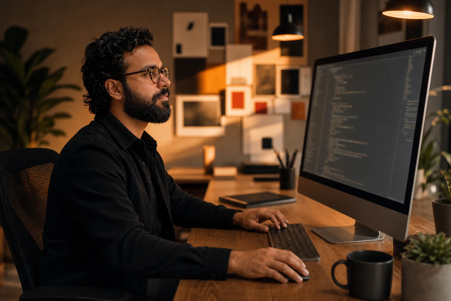 Sahan coding at an iMac in his warmly lit creative workspace