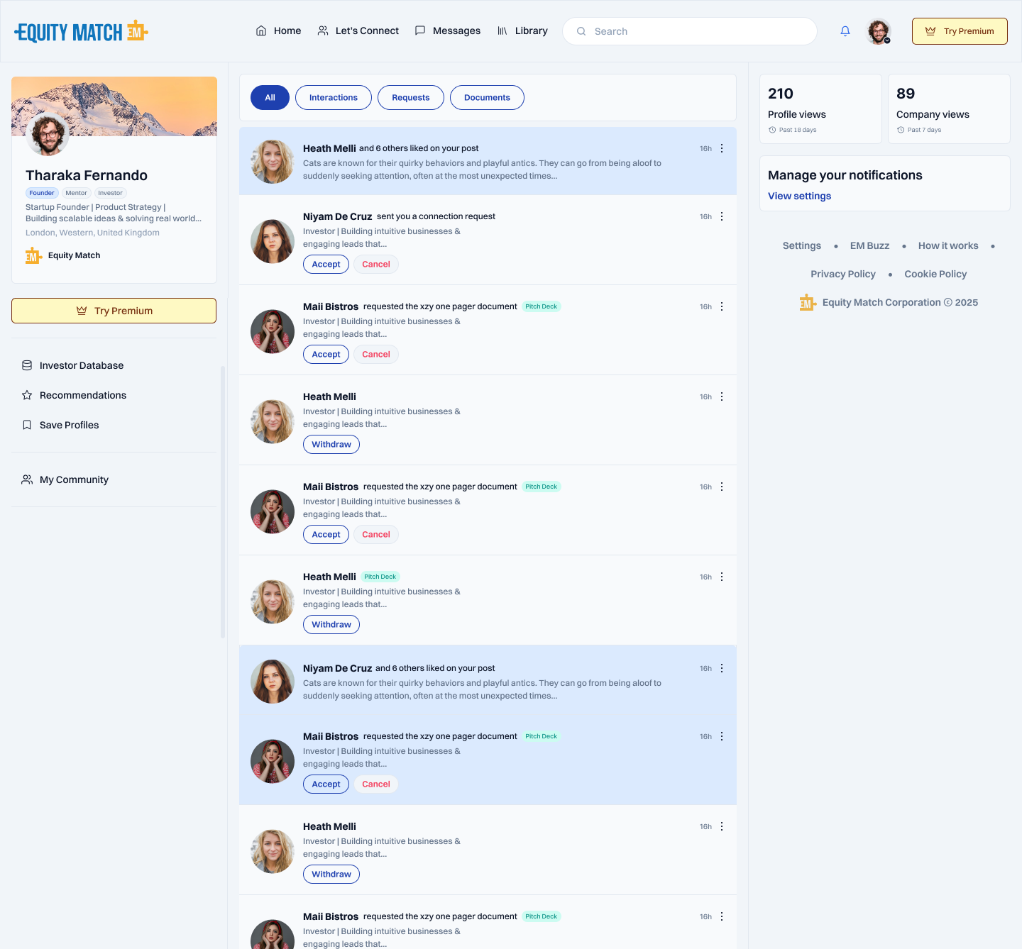 Redesigned EquityMatch notifications page