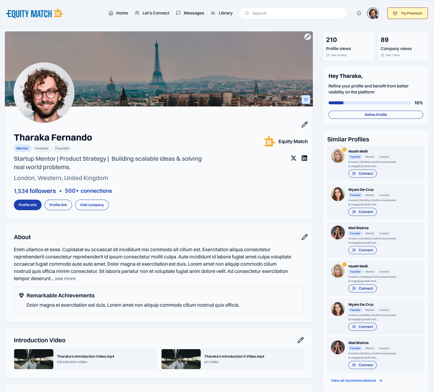 Redesigned EquityMatch user profile page
