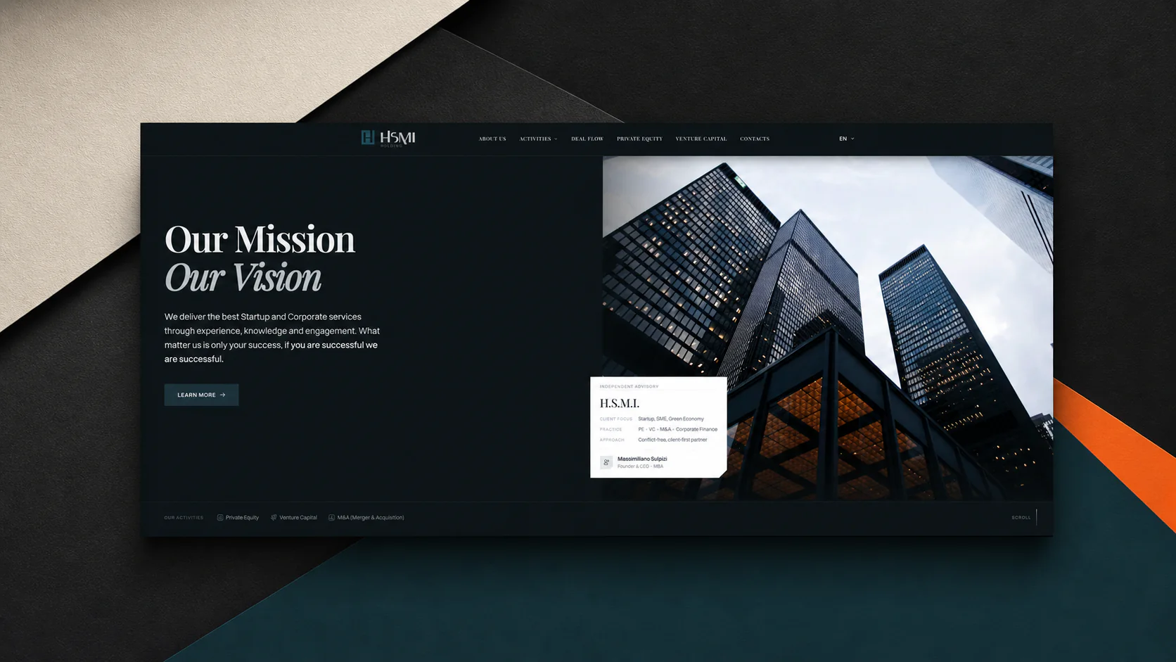 HSMI hero screenshot centered over layered charcoal, limestone, teal, and orange architectural planes