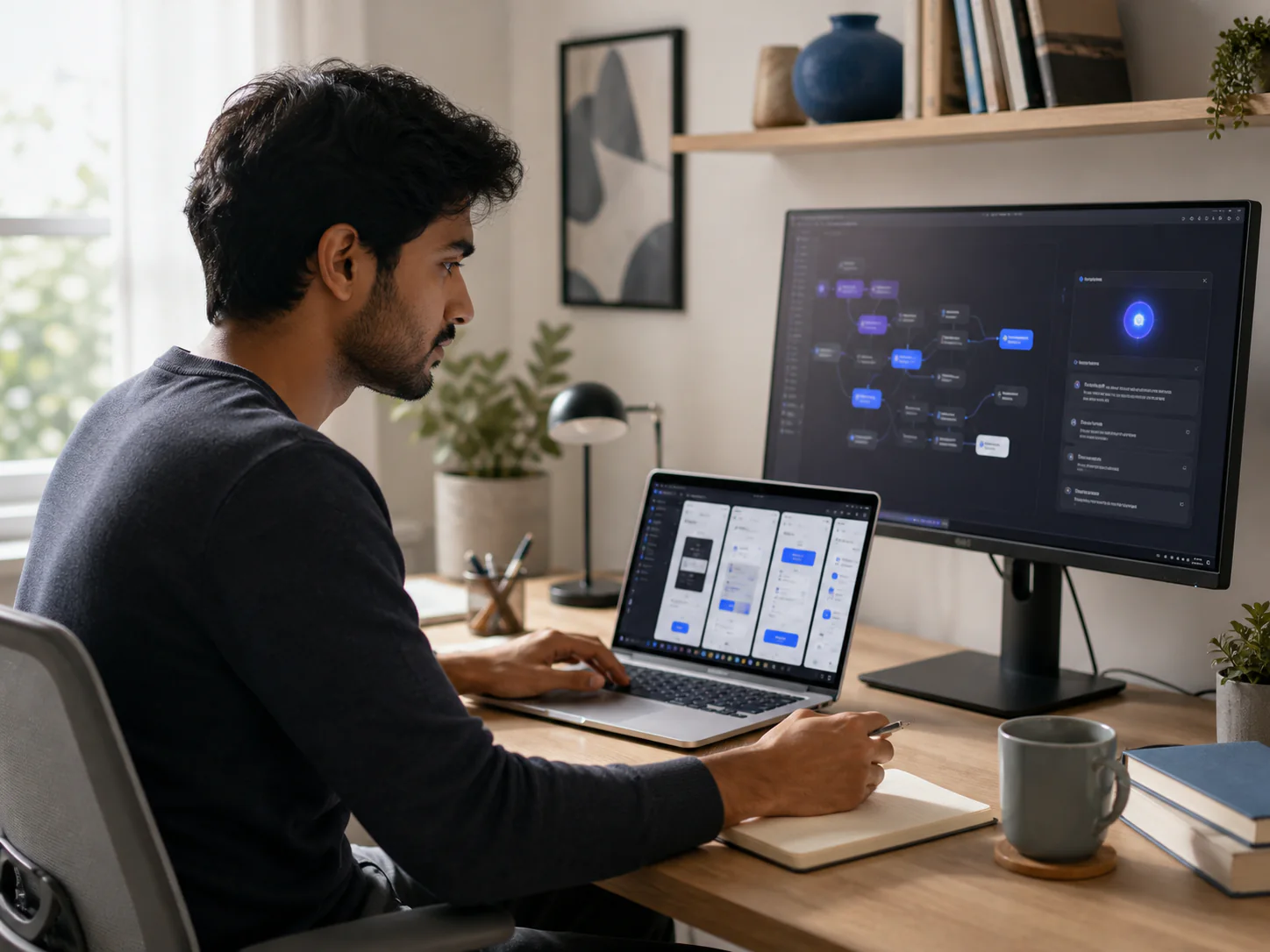 Young South Asian designer mapping an AI-assisted workflow across a laptop, monitor, and notebook
