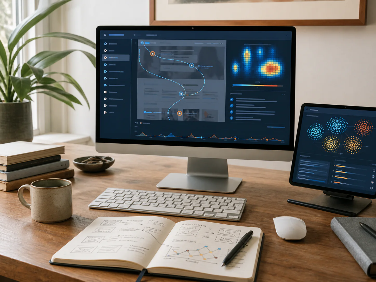 People-free UX research workspace showing interaction paths, behavioural heatmaps, and AI-assisted pattern analysis