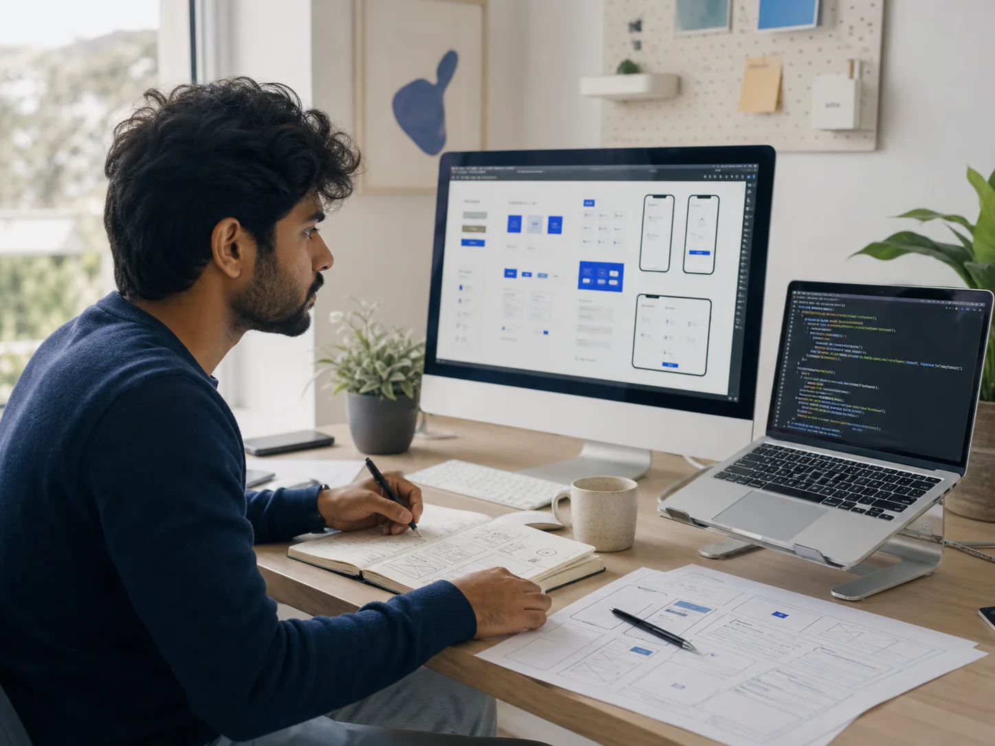 Designer-engineer comparing a component system, frontend code, and responsive interface previews